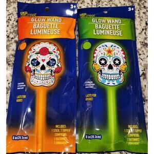 2 Glow in the Dark Glow Wand Stick ~ Day of the Dead Sugar Skull Halloween